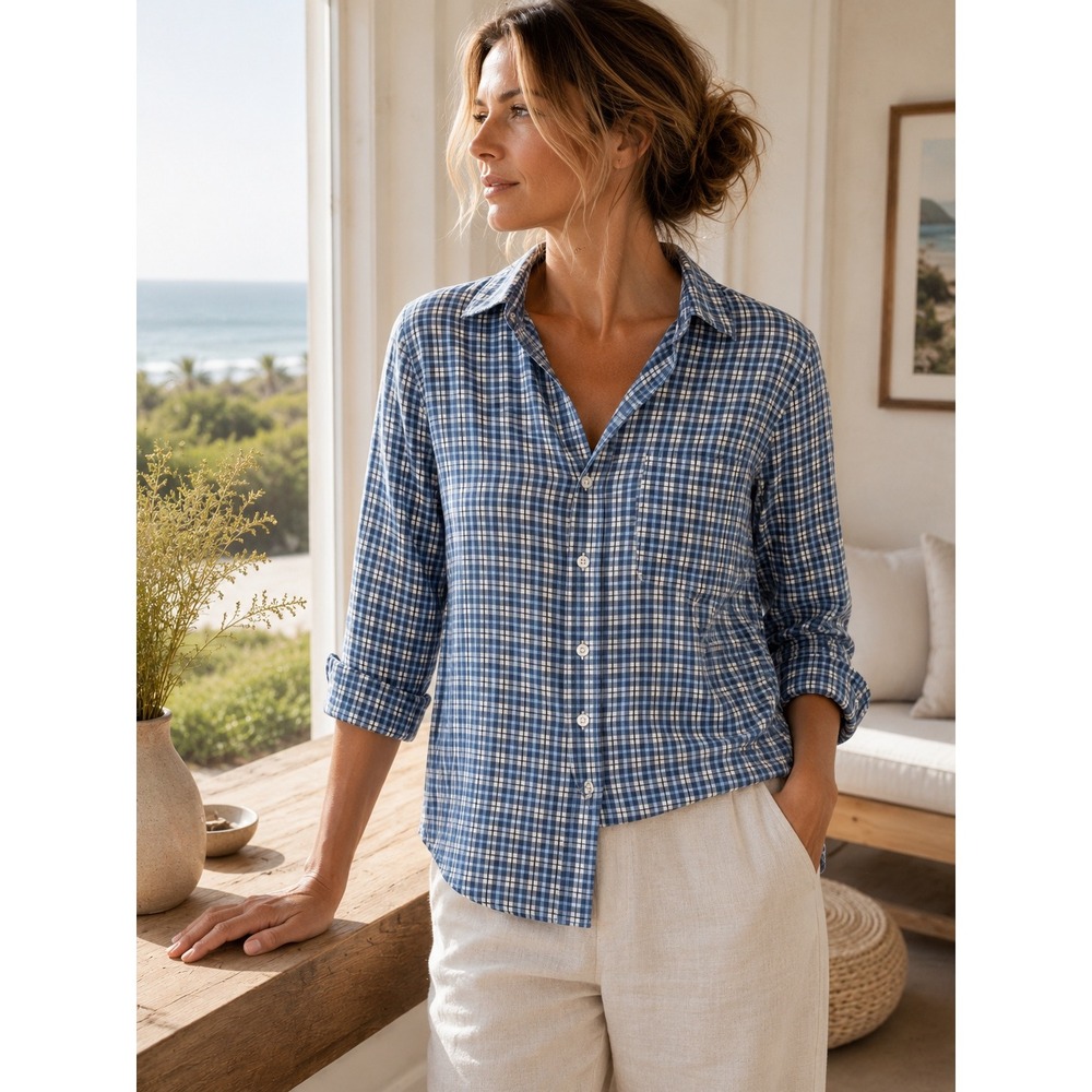 Frank & Eileen Barry Button Up Women XS Blue Plaid Italian Cotton Long Sleeve